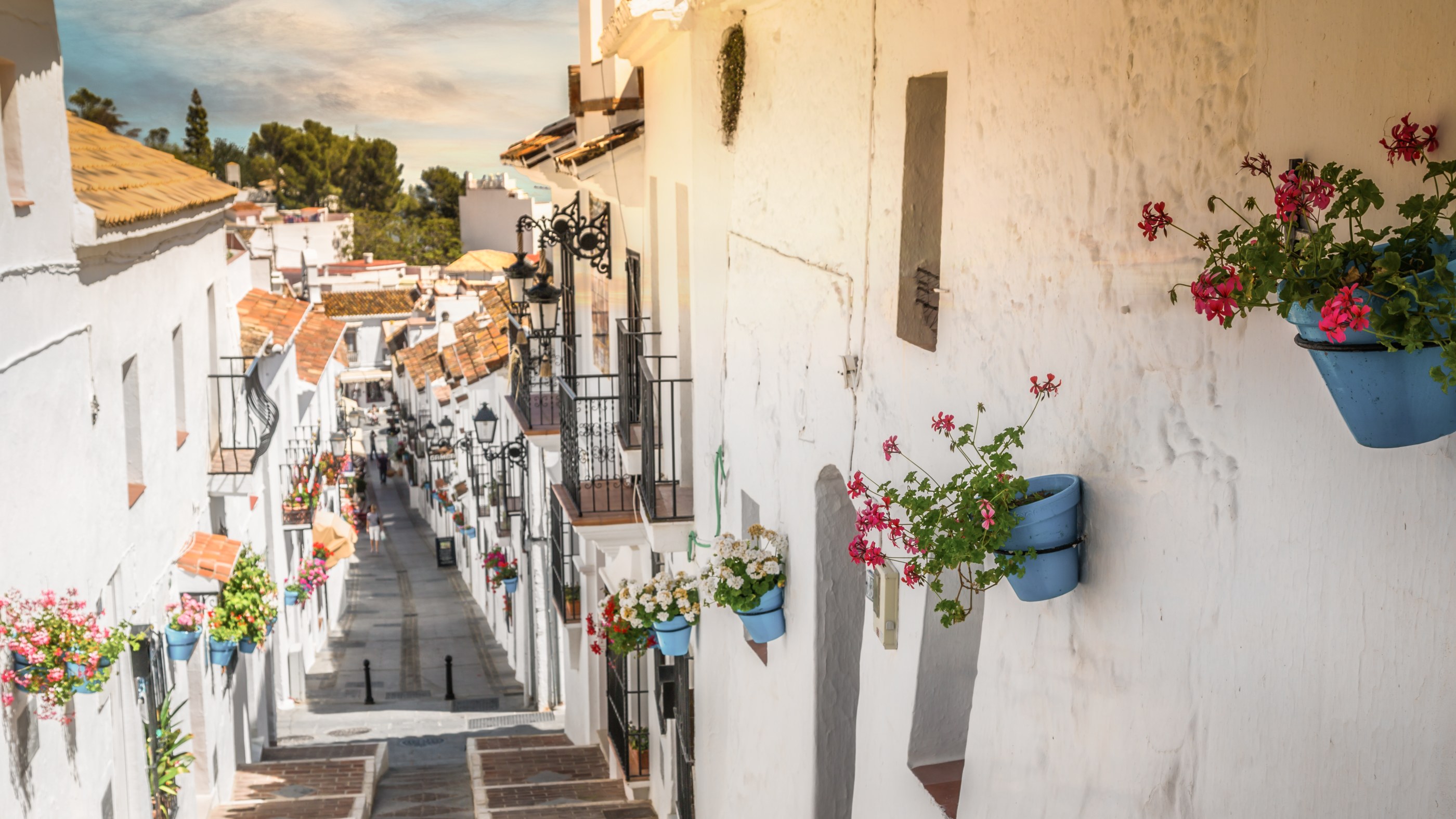 Spanien vitkalkade hus med blomkrukor